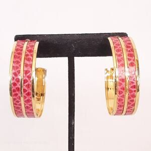 Reptile Print Hoop Earrings Gold Tone Trim Two Tone Pink Overlay